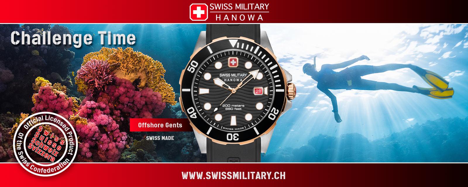 Дайверские швейцарские часы Swiss Military Hanowa Offshore Diver 200м с вращающимся безелем и завинчивающимся ключом, крупные стрелки и метки Luminova.