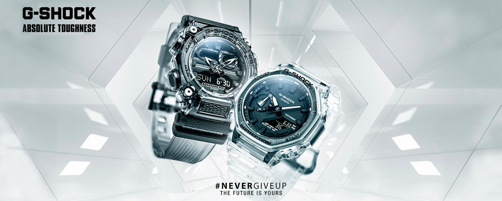Полупрозрачные противоударные часы скелетон CASIO G-SHOCK GA-900SKE-8AER и GA-2100SKE-7AER Transparent Skeleton в черно-белых цветах, Ana-Digi.
