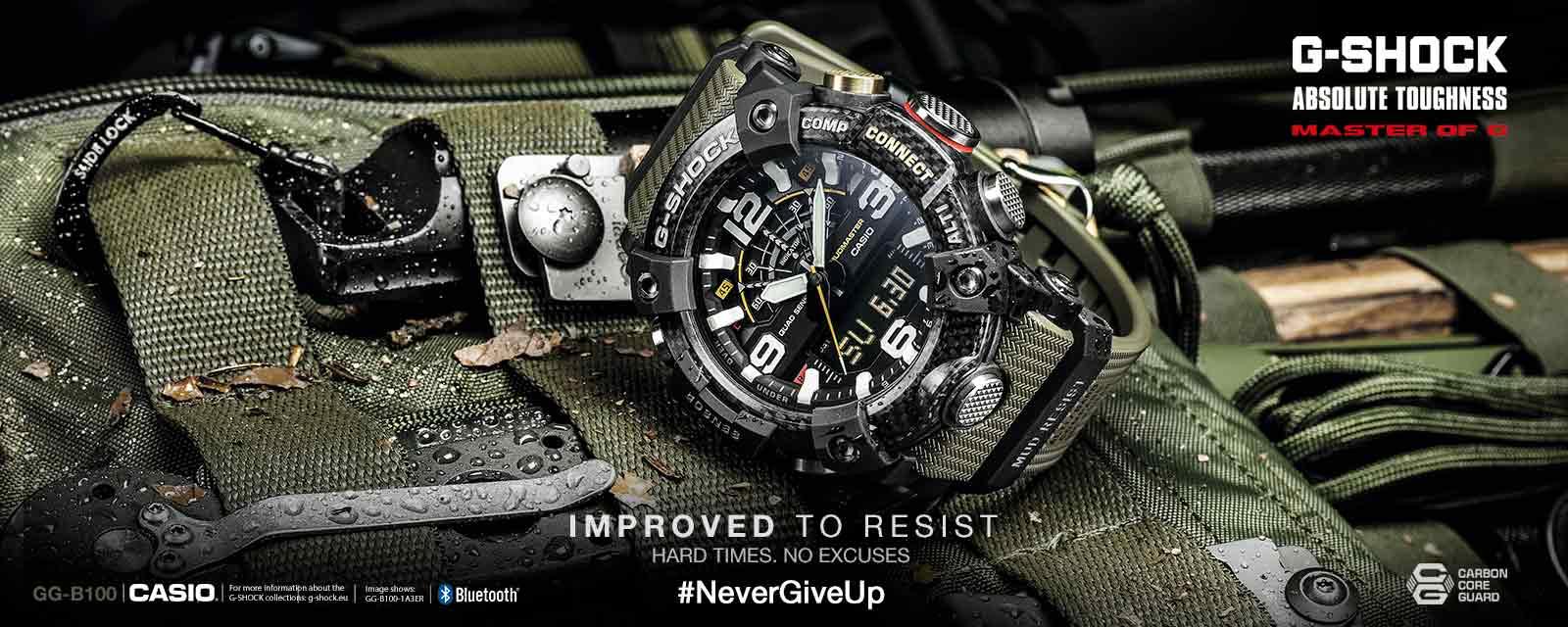 Грязезащищенные карбоновые часы CASIO G-SHOCK GG-B100-1A3ER серии Mudmaster зелено-черные с шагомером и Bluetooth.