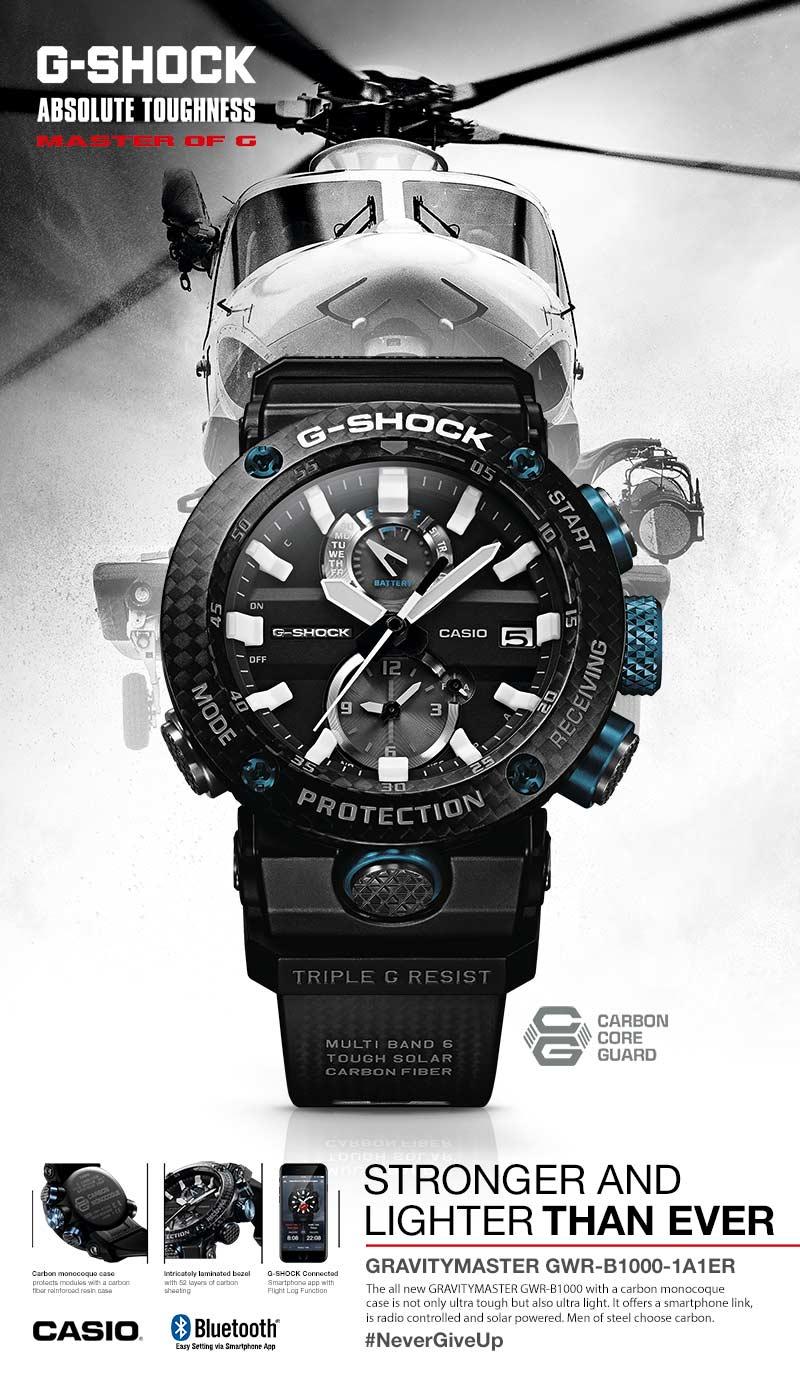 Авиационные часы с сапфировым стеклом CASIO G-SHOCK GWR-B1000-1A1ER в карбоновом монококе, Bluetooth, Tough Solar.