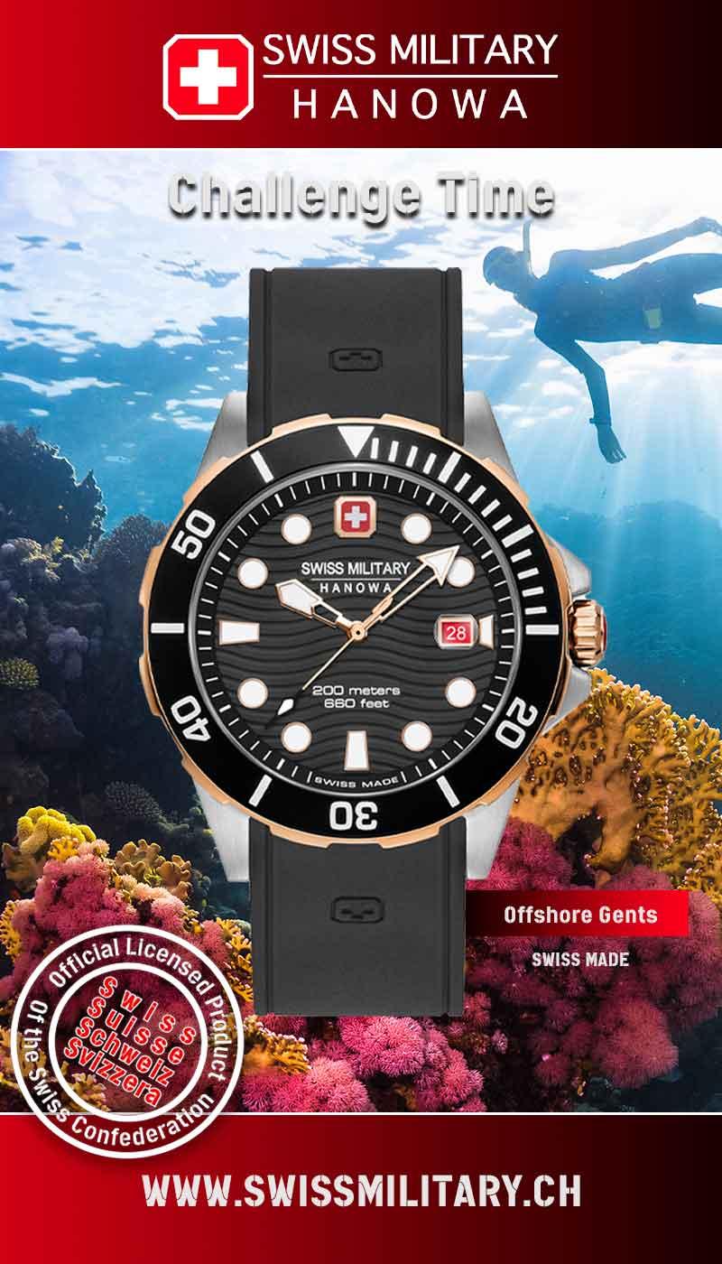 Дайверские швейцарские часы Swiss Military Hanowa Offshore Diver 200м с вращающимся безелем и завинчивающимся ключом, крупные стрелки и метки Luminova.