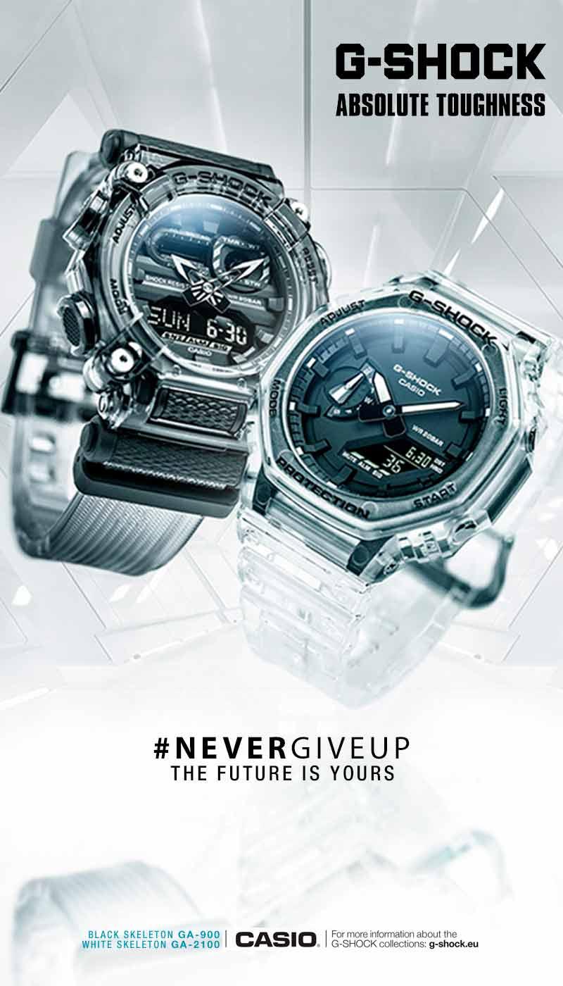 Полупрозрачные противоударные часы скелетон CASIO G-SHOCK GA-900SKE-8AER и GA-2100SKE-7AER Transparent Skeleton в черно-белых цветах, Ana-Digi.