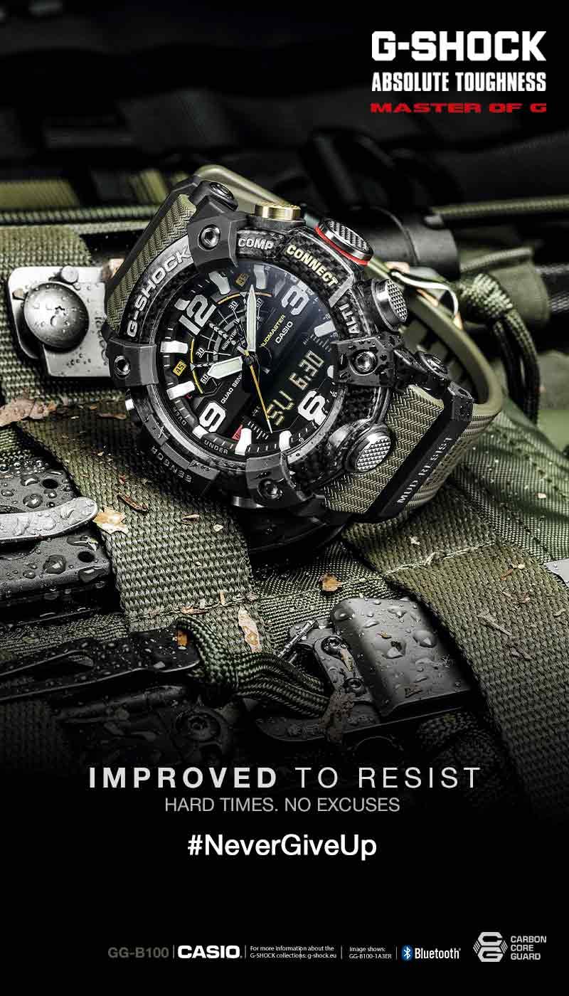 Грязезащищенные карбоновые часы CASIO G-SHOCK GG-B100-1A3ER серии Mudmaster зелено-черные с шагомером и Bluetooth.