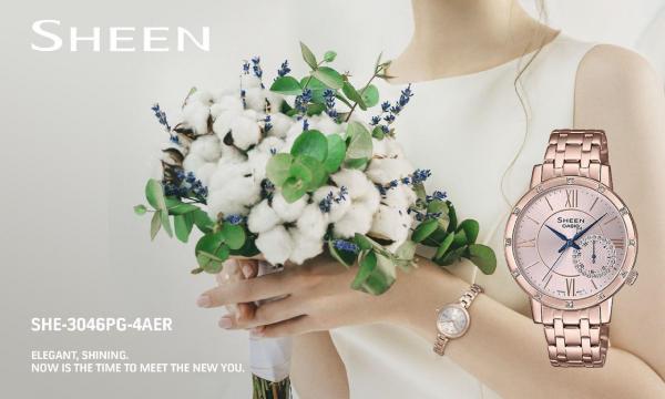 Позолоченные стильные женские фэшн часы CASIO SHEEN с кристаллами SWAROVSKI на браслетах и цветных кожаных ремешках.