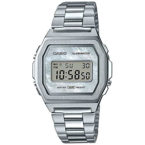 Тонкие винтажные фэшн часы CASIO VINTAGE A1000D-7EF Premium с перламутровым циферблатом, на браслете, цифровые, WR.