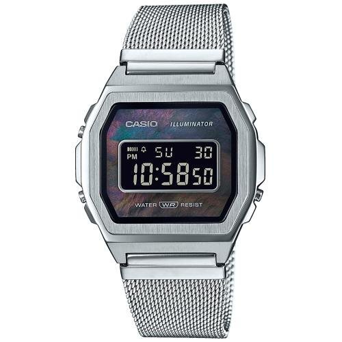 Тонкие винтажные фэшн часы CASIO VINTAGE A1000M-1BEF Premium, черный mother of perl циферблат, миланский браслет, цифровые.