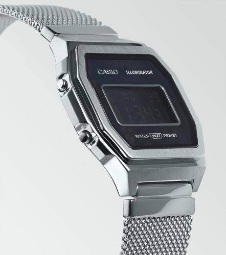Тонкий корпус с браслетом Milanaise обеспечивают комфортное ношение часов CASIO A1000M-1BEF с любой одеждой.