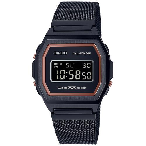 Тонкие винтажные фэшн часы CASIO VINTAGE A1000MB-1BEF Premium черные IP black, на миланском браслете, инверсные, digi, WR.