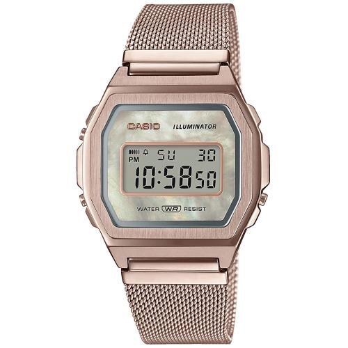 Позолоченные тонкие винтажные фэшн часы CASIO VINTAGE A1000MCG-9EF Premium IP rose gold, перламутр на миланском браслете.