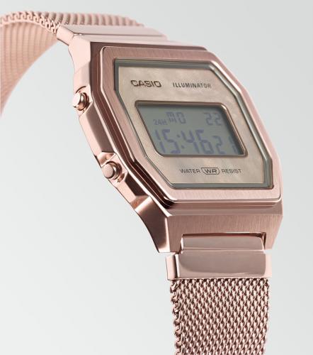 Тонкий корпус с браслетом Milanaise IP rose gold обеспечивают комфортное ношение часов CASIO A1000MCG-9EF с любой одеждой.
