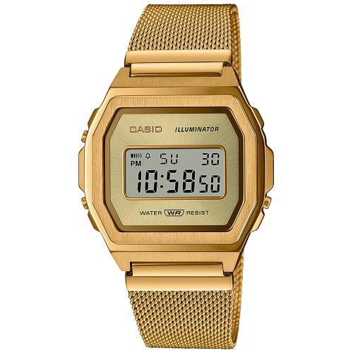Позолоченные винтажные тонкие фэшн часы CASIO VINTAGE A1000MG-9EF Premium IP gold, на миланском браслете, цифровые, WR.