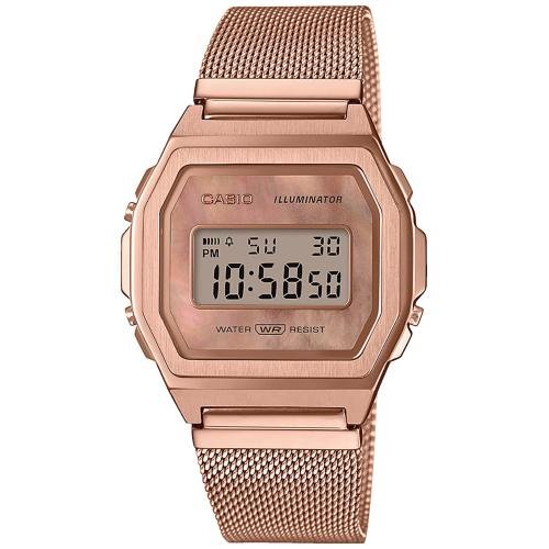 Позолоченные тонкие ретро фэшн часы CASIO VINTAGE A1000MPG-9EF Premium IP rose gold, Milanaise, розовый перламутр, WR.