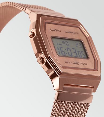 Тонкий корпус с браслетом Milanaise IP rose gold обеспечивают комфортное ношение часов CASIO A1000MPG-9EF с любой одеждой.