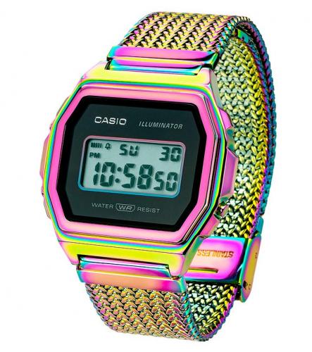 Радужное покрытие часов CASIO A1000PRW-1ER Pink Rainbow IP пропитано оттенками розового цвета закатного солнца.