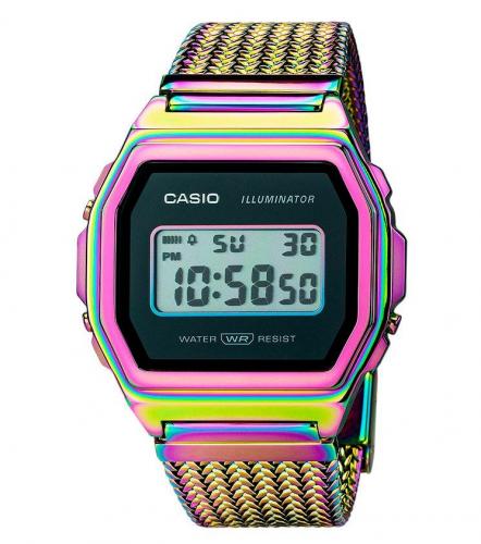 Тонкие винтажные фэшн часы CASIO VINTAGE A1000PRW-1ER Premium, Pink Rainbow IP, на миланском браслете крупного плетения digi.