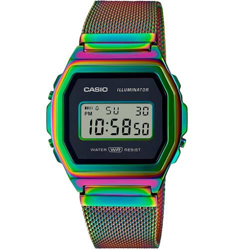 Тонкие винтажные фэшн часы CASIO VINTAGE A1000RBW-1ER Premium, Rainbow IP, на миланском браслете, цифровые, WR.