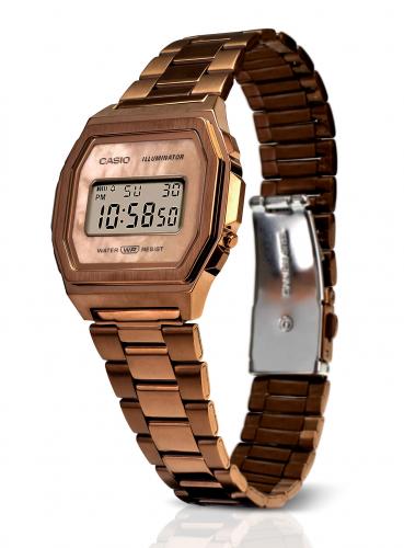 Позолоченная стальная предохранительная застежка браслета часов CASIO VINTAGE A1000RG-5EF обеспечивает надежность.