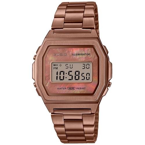 Позолоченные тонкие винтажные фэшн часы CASIO VINTAGE A1000RG-5EF Premium IP rose gold, розовый перламутр, цифровые, WR.
