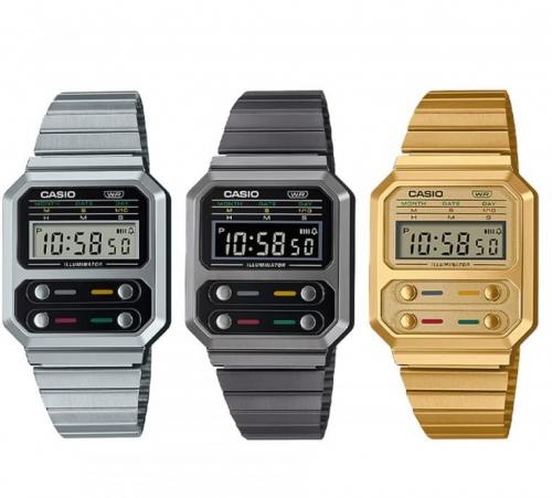 Серия олдскульных часов CASIO A100 представлена моделями: A100WE-1AEF, A100WEGG-1AEF и A100WEG-9AEF.