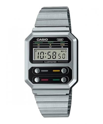 Прямоугольные олдскульные ретро часы CASIO VINTAGE A100WE-1AEF серебристые в полимерном корпусе на стальном браслете.