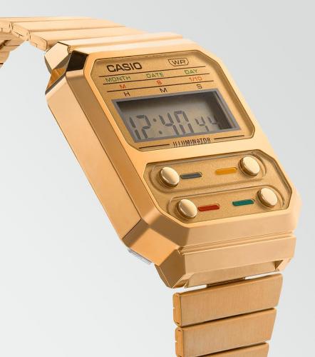 Футуристический дизайн ретро часов CASIO A100WEG-9AEF дополнен четырьмя кнопками на передней панели корпуса. 