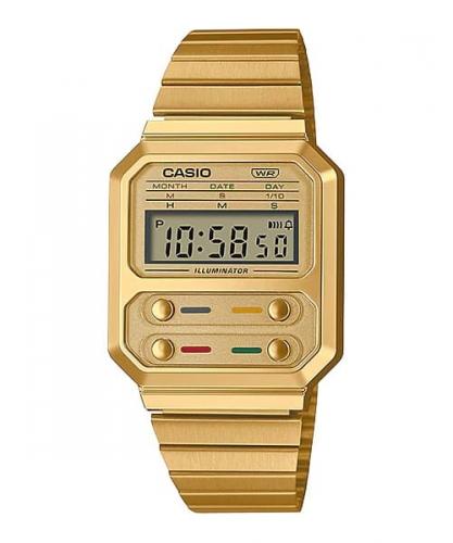 Олдскульные ретро часы CASIO VINTAGE A100WEG-9AEF Gold в прямоугольном полимерном корпусе на стальном браслете.