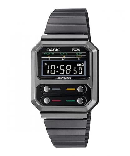 Ретро часы CASIO VINTAGE A100WEGG-1AEF Old School Grey с металлизированным полимерным корпусом и браслетом из стали.