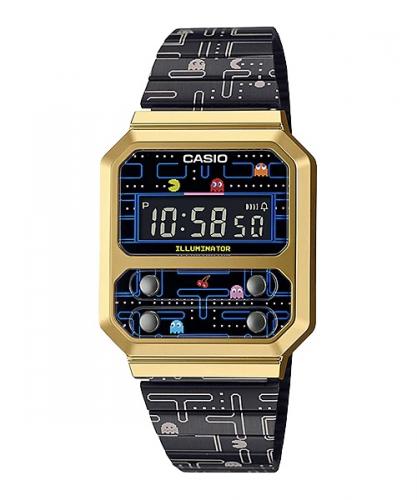 Лимитированные олдскульные ретро часы CASIO VINTAGE A100WEPC-1BER Pac-Man в полимерном gold корпусе на браслете black.