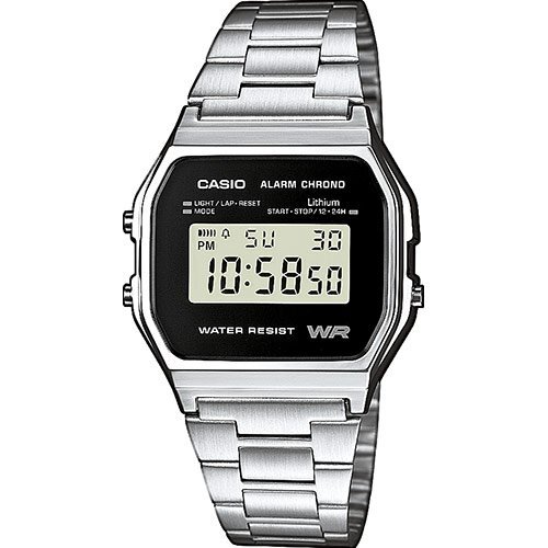 Серебристые цифровые ретро часы 90-х CASIO VINTAGE A158WEA-1EF с черной рамкой дисплея на стальном браслете, WR.