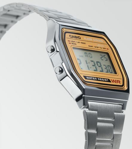 Тонкий корпус ретро часов CASIO VINTAGE A158WEA-9EF из полимера покрыт методом электролитического хромирования.