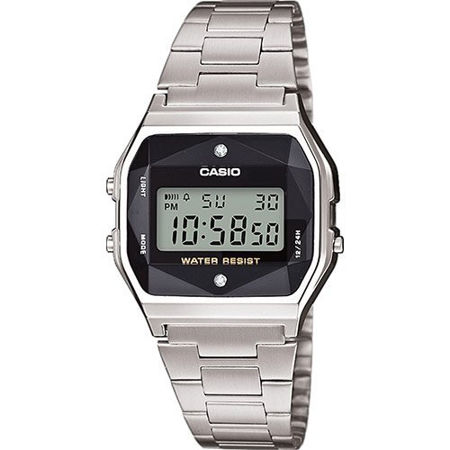 Прямоугольные ретро часы CASIO VINTAGE A158WEA-1EF с черным циферблатом и граненым стеклом на браслете, digital, WR.