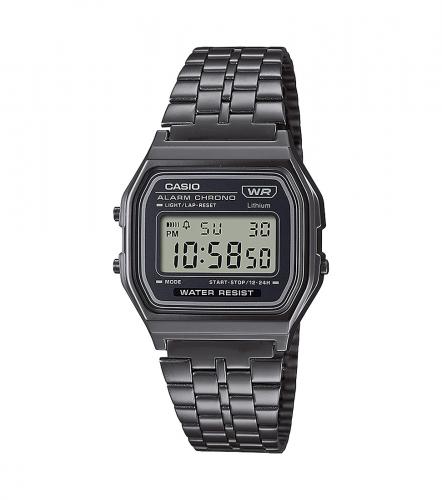 Прямоугольные серые электронные ретро часы CASIO VINTAGE A158WETB-1AEF с IP grey зеркальным браслетом, подсветка, WR.
