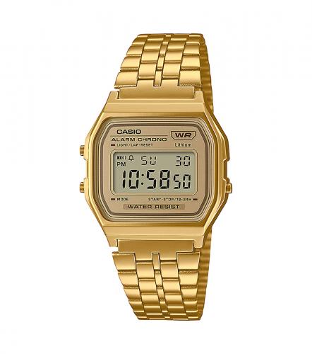 Позолоченные IP gold прямоугольные ретро часы CASIO VINTAGE A158WETG-9AEF желтые с зеркальным браслетом, подсветка, WR.