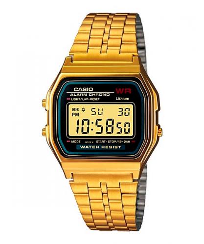 Позолоченные винтажные электронные часы 90-х CASIO VINTAGE A159WGEA-1EF Gold желтые на стальном браслете, Alarm Chrono, WR.