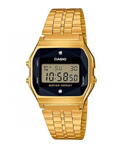 Позолоченные ретро часы CASIO VINTAGE A159WGED-1EF Gold желтые с черным циферблатом и граненым стеклом, digi, WR.