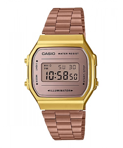 Ретро часы CASIO VINTAGE A168WECM-5EF в желтом gold корпусе с розовым зеркальным дисплеем и браслетом, цифровые, WR.