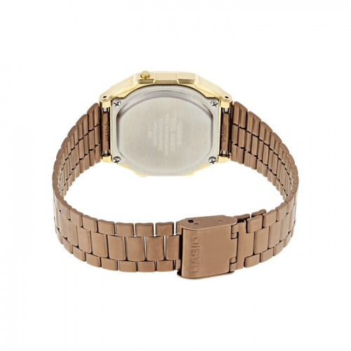Стальной браслет часов CASIO VINTAGE A168WECM-5EF покрыт по технологии IP rose gold с регулируемой застежкой.