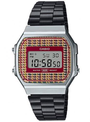 Винтажные ретро часы 90-х CASIO VINTAGE A168WEFB-5AEF с узором утиные лапки на циферблате, стальной браслет IP black, WR.