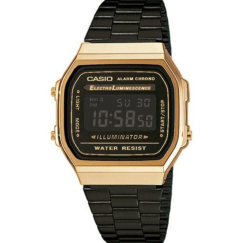 Прямоугольные цифровые ретро часы CASIO VINTAGE A168WEGB-1BEF Black&Gold черная рамка инверсного дисплея, Illuminator, WR.