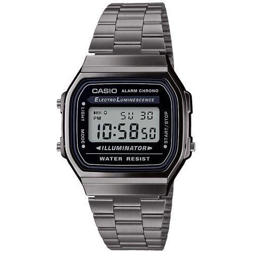Прямоугольные электронные ретро часы CASIO VINTAGE A168WEGG-1AEF с черным циферблатом на стальном браслете IP grey.
