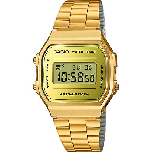 Позолоченные gold винтажные ретро часы CASIO VINTAGE A168WEGM-9EF с зеркальной желтой рамкой дисплея, на браслете, WR.