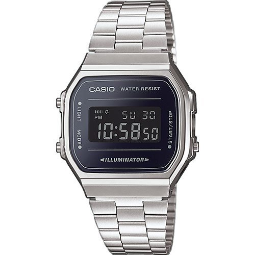 Винтажные ретро часы 90-х CASIO VINTAGE A168WEM-1EF с зеркальной черной рамкой инверсного дисплея, на браслете, digi, WR.