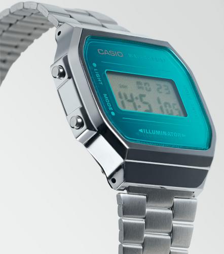 Контрастный монохромный дисплей винтажных часов CASIO VINTAGE A168WEM-2EF защищен легким акриловым стеклом.