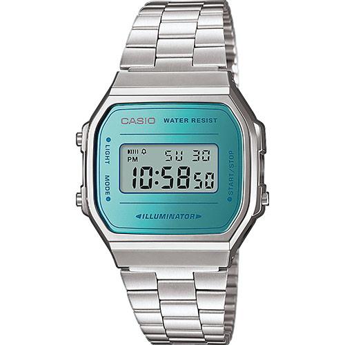 Винтажные ретро часы 90-х CASIO VINTAGE A168WEM-2EF с зеркальной синей рамкой дисплея, на стальном браслете, digi, WR.