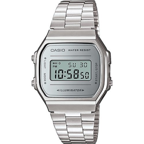 Винтажные ретро часы 90-х CASIO VINTAGE A168WEM-7EF с зеркальной серой рамкой дисплея, на стальном браслете, digi, WR.