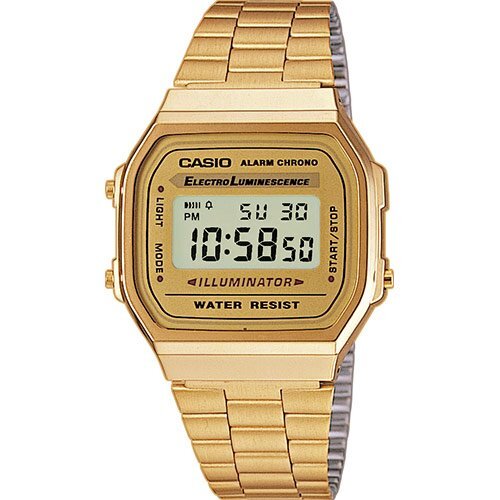 Позолоченные gold винтажные часы CASIO VINTAGE A168WG-9EF с желтой рамкой дисплея на браслете, Illuminator, digi, WR.