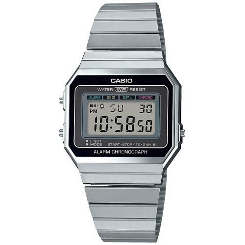 Прямоугольные тонкие ретро часы CASIO VINTAGE A700WE-1AEF на серебристом стальном браслете, цифровые, подсветка.