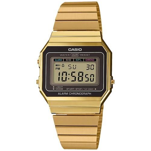 Позолоченные gold тонкие винтажные часы CASIO VINTAGE A700WEG-9AEF желтые на браслете, прямоугольные, цифровые, WR.