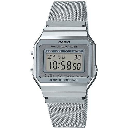 Прямоугольные тонкие ретро часы CASIO VINTAGE A700WEM-7AEF серебристые на браслете миланское плетение, цифровые.
