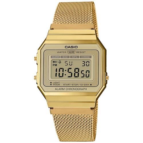 Позолоченные gold тонкие винтажные часы CASIO VINTAGE A700WEMG-9AEF желтые на миланском браслете, прямоугольные, digi.